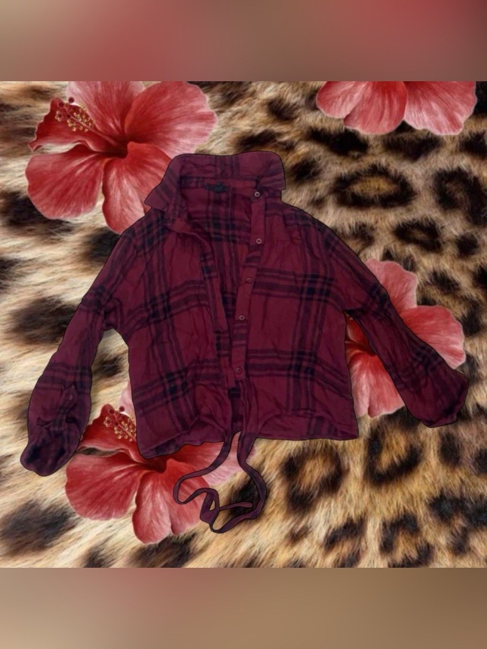 mine Burgundy Plaid Tie-Hem Kids Sweater